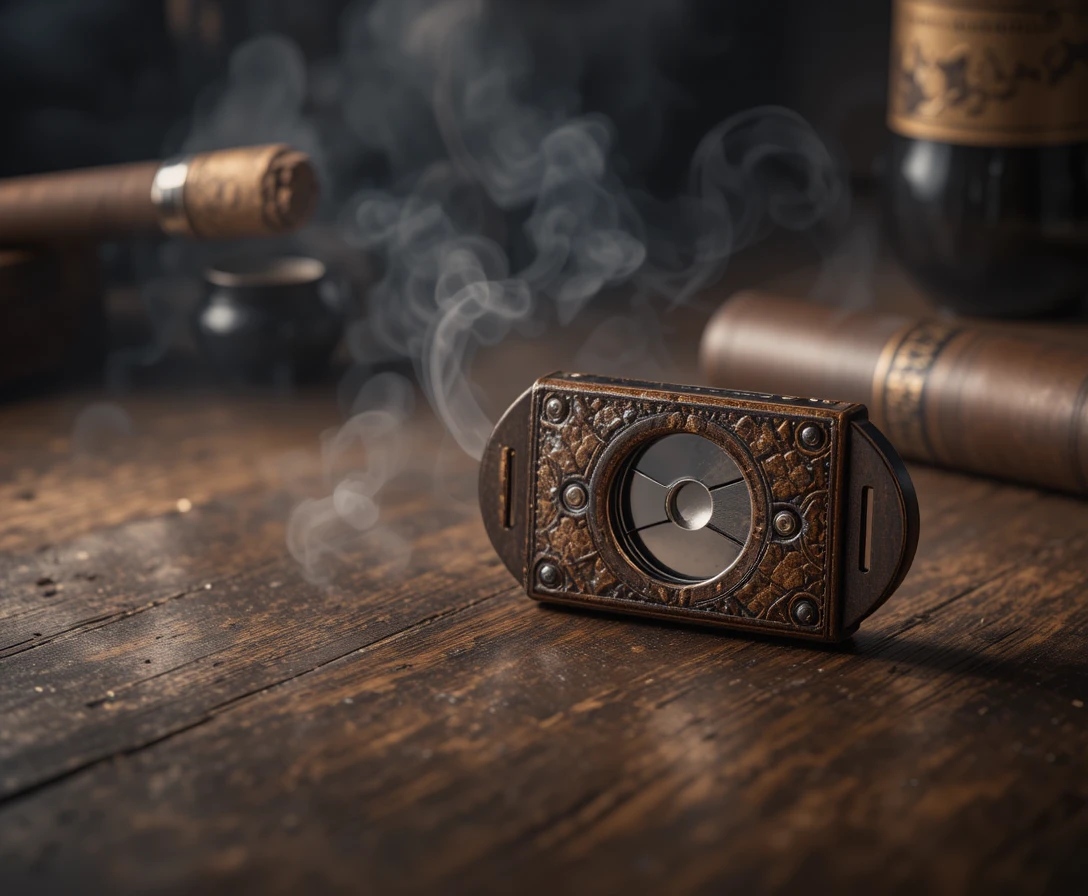 Antique cigar cutter on dark wood in lounge lighting