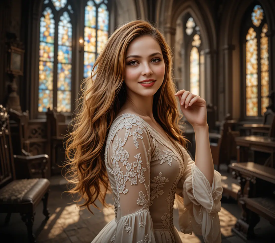 Red haired woman in lace chemise in sunlit gothic room