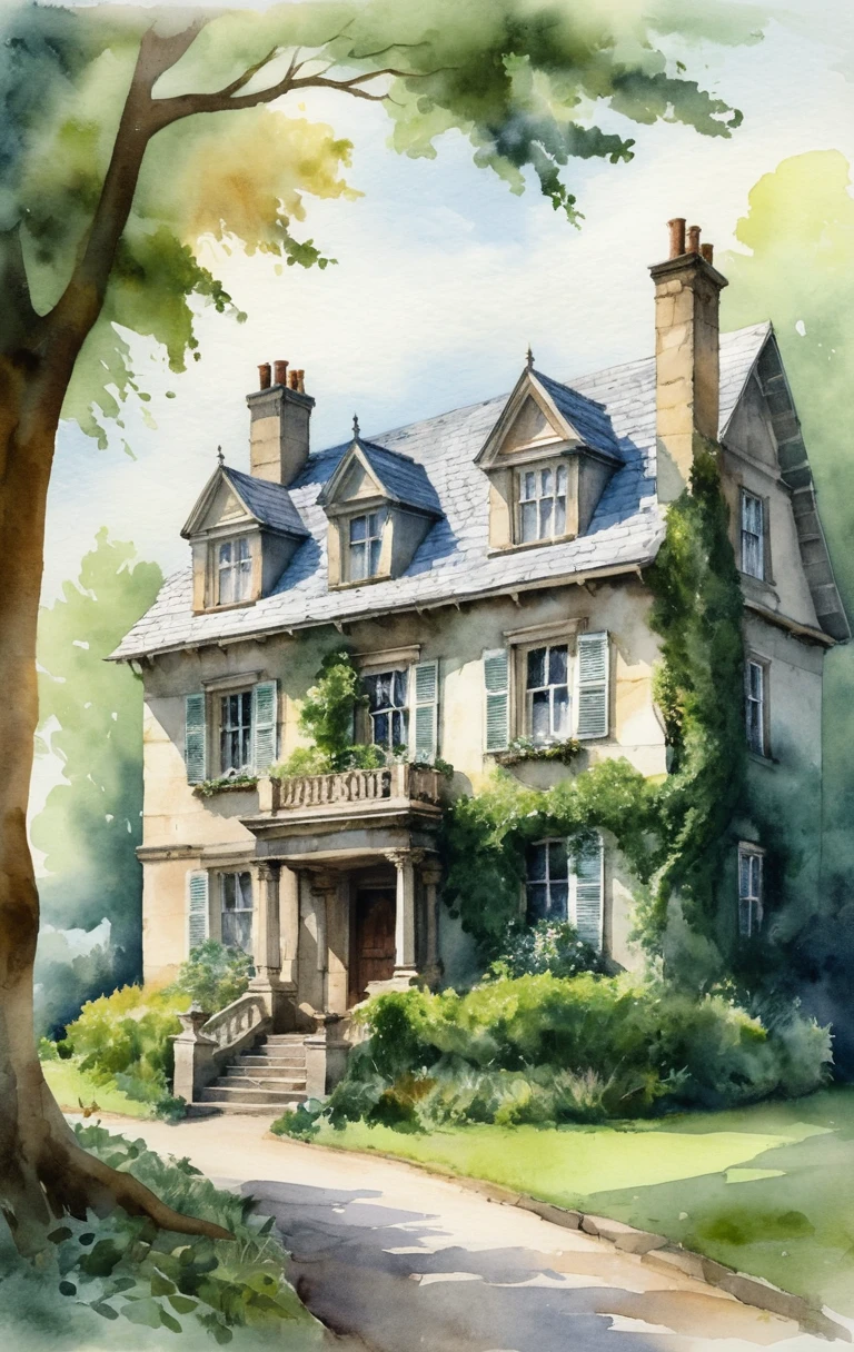 Old limestone house with wild oak garden by the road