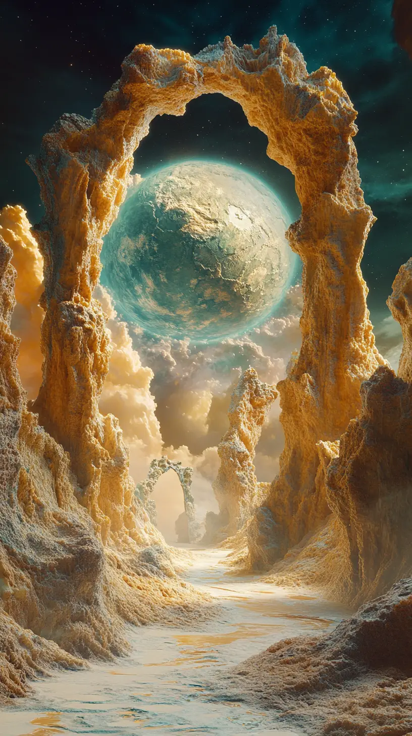 Surreal Cosmic Portal With Floating Sphere And Ancient Key