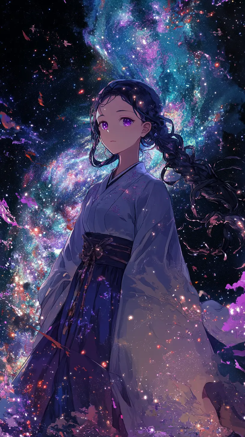 身穿長裙、帶著好奇紫色眼神的年輕女子