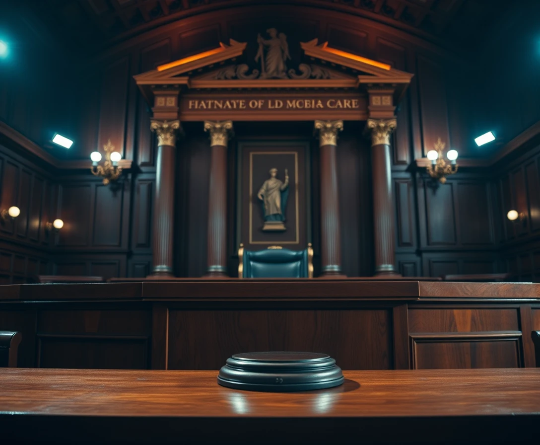 Polished Judge Bench With Single Legal Book In Courtroom