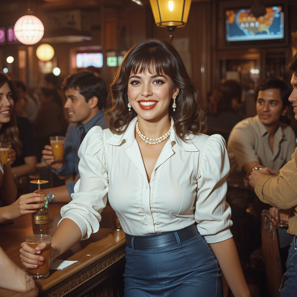 Donna che ride in un bar anni ’70 con gli amici