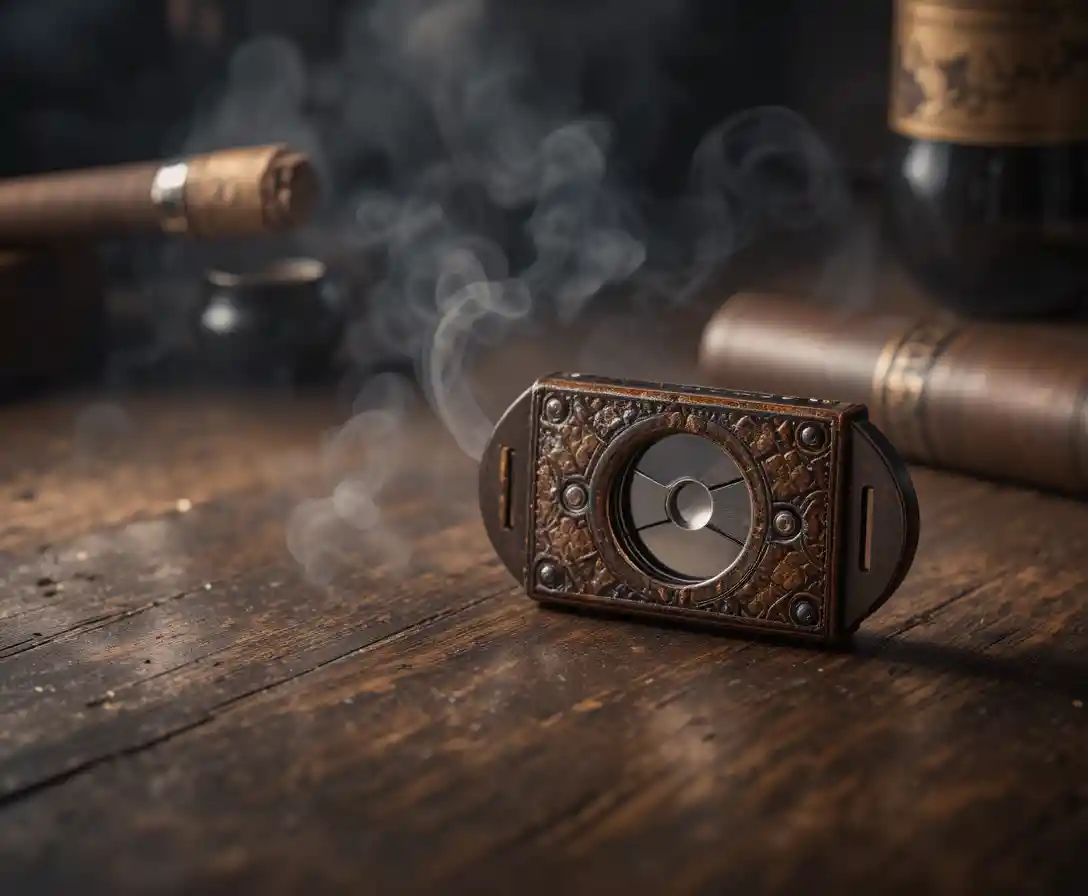 Antique cigar cutter on dark wood in lounge lighting