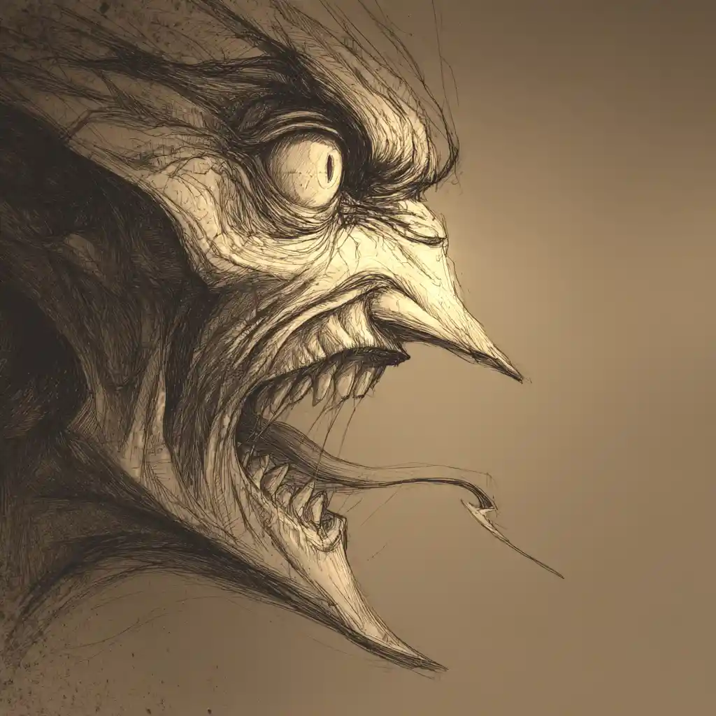 Rostro grotesco de monstruo de perfil con lengua bífida