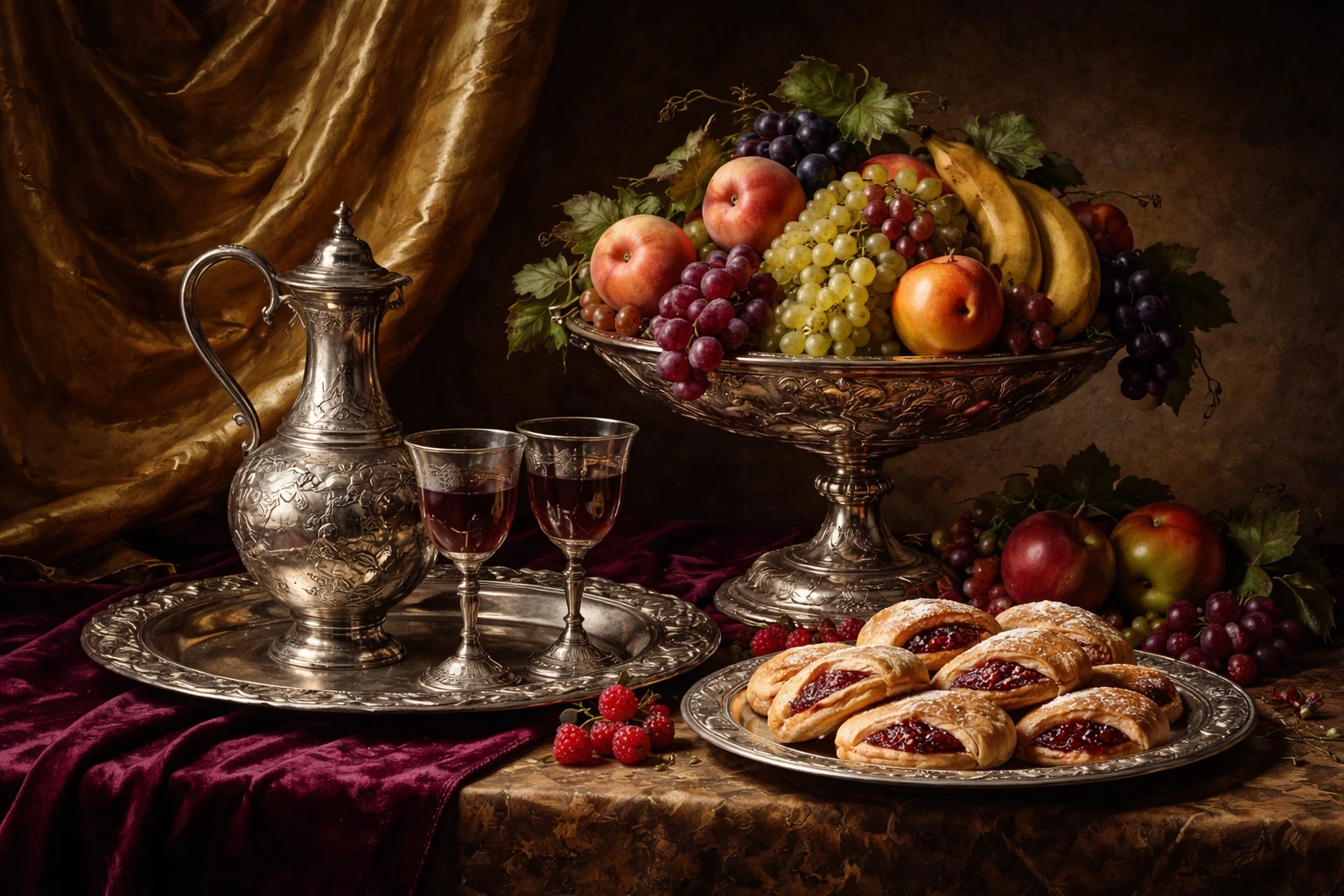 Nature morte classique avec fruits, pâtisseries et argenterie