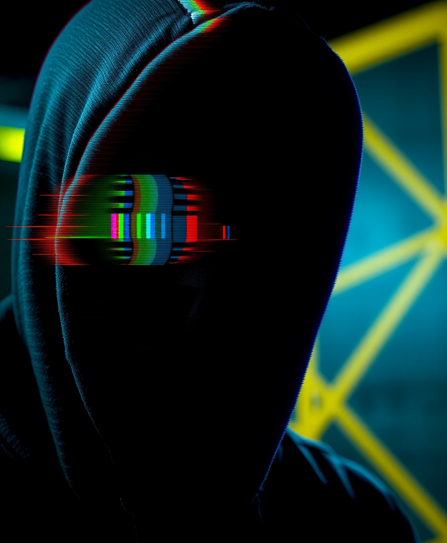 Close up glitch portrait of a faceless hooded figure