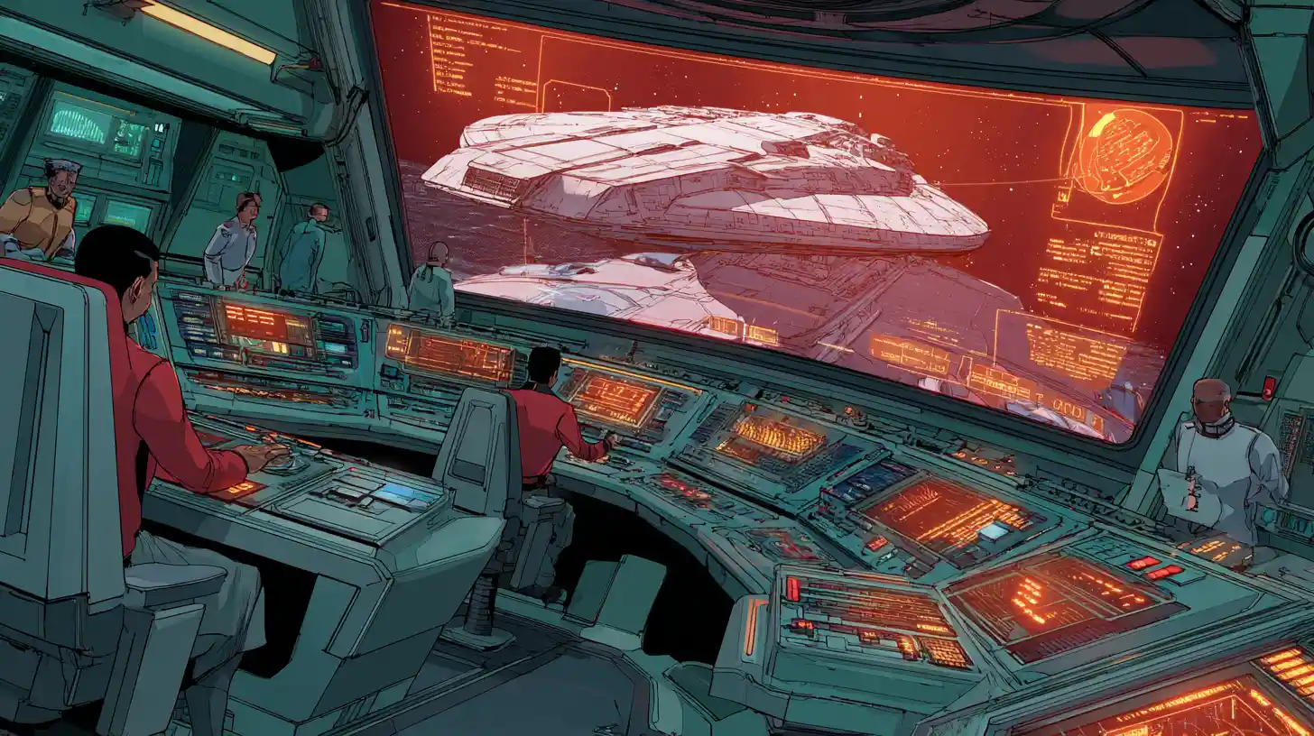 Kommandodeck eines Raumschiffs mit Zielerfassung auf einem Alien-Schiff
