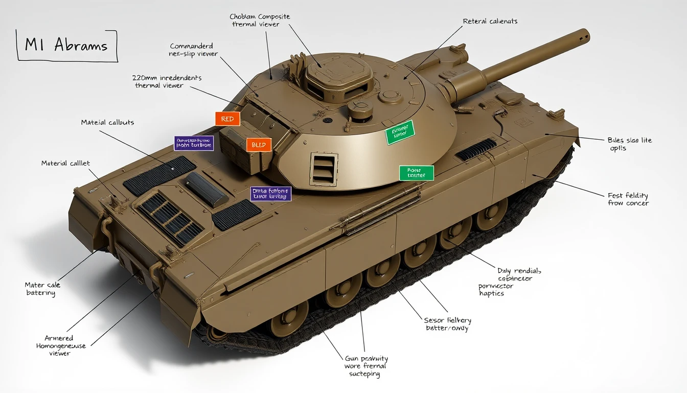 注釈付きM1エイブラムス戦車のアイソメトリック3Dレンダー