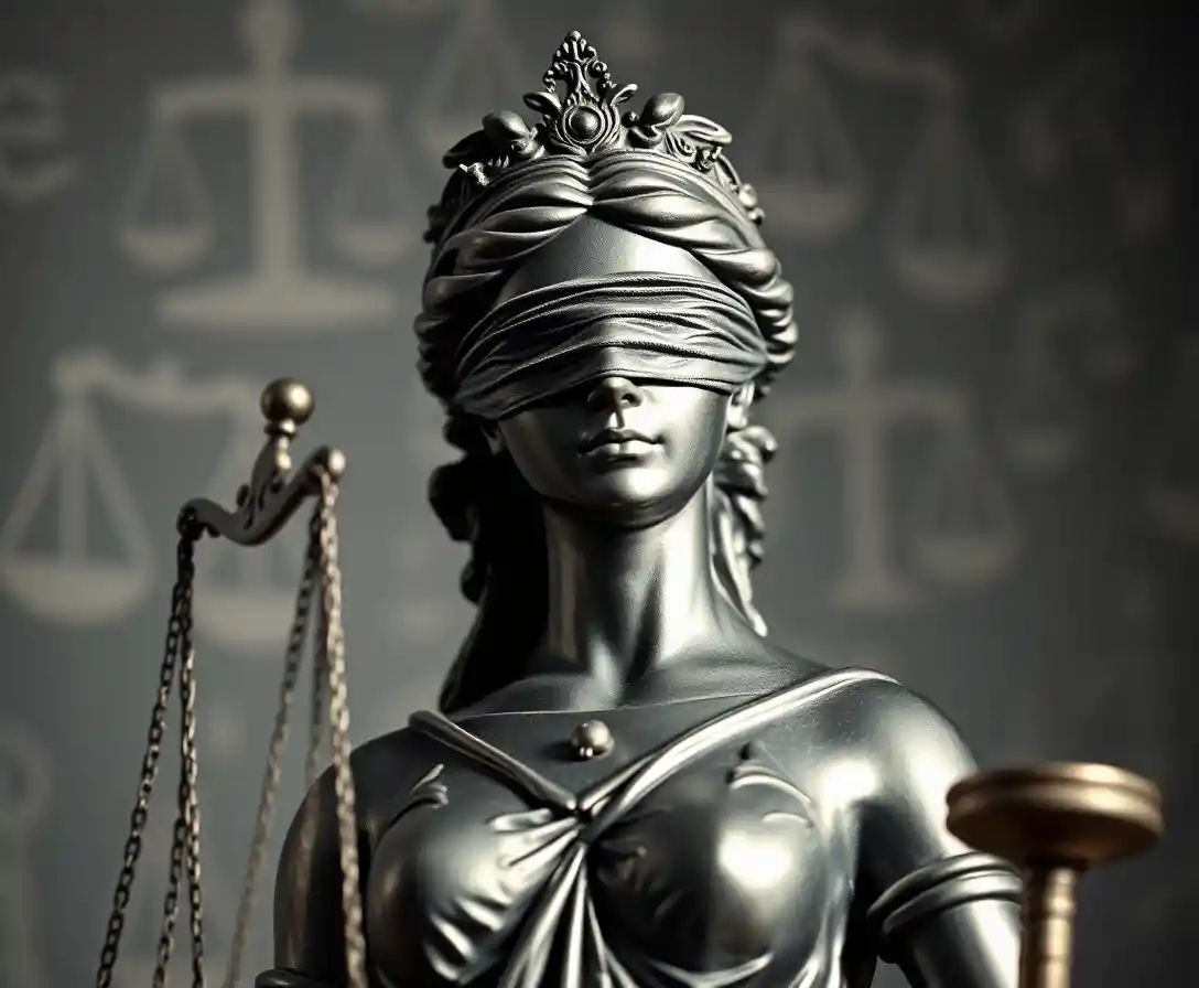 Blindfolded Lady Justice statue in stark graphic contrast