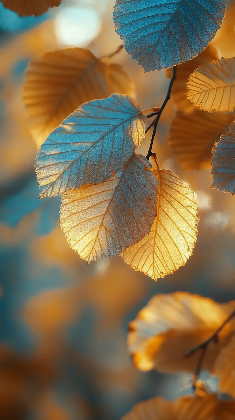 Macro maple leaves with dew and dreamy bokeh background