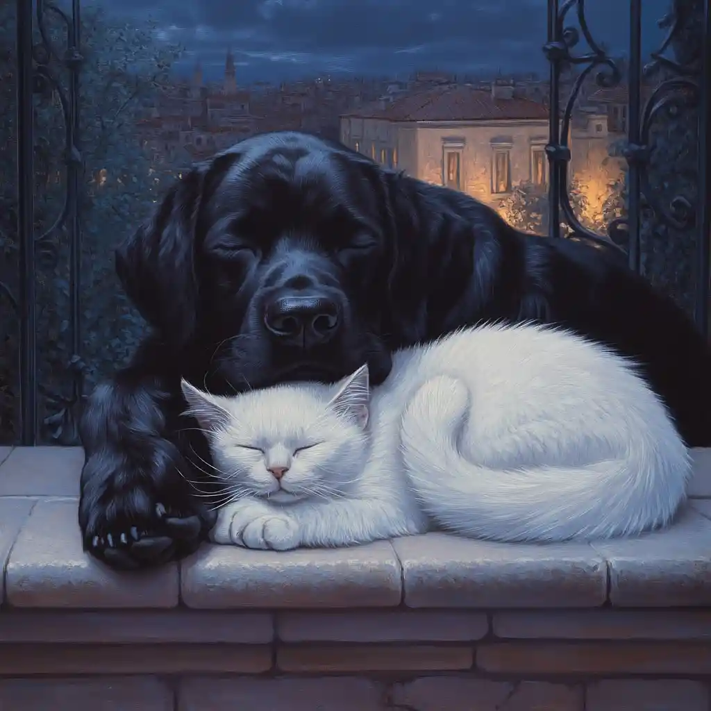 Black labrador cuddling with sleeping white cat on terrace