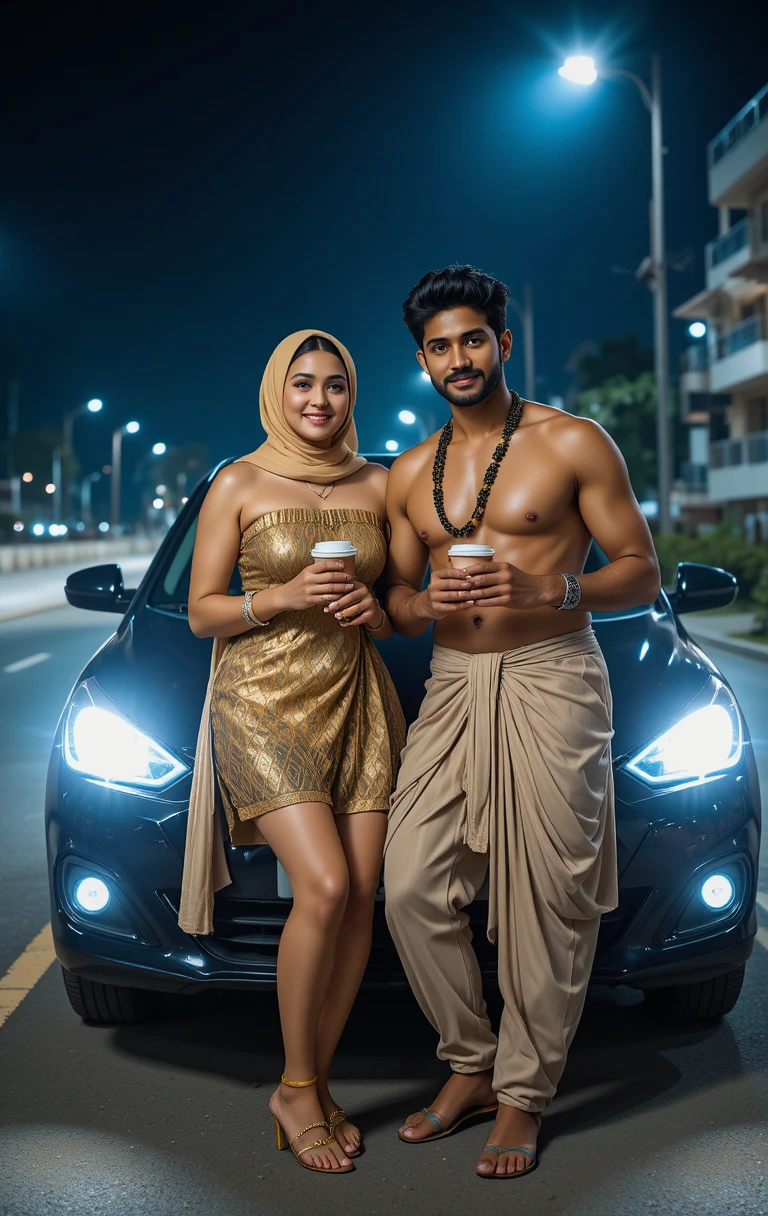 Middle aged woman and young man by a car at night