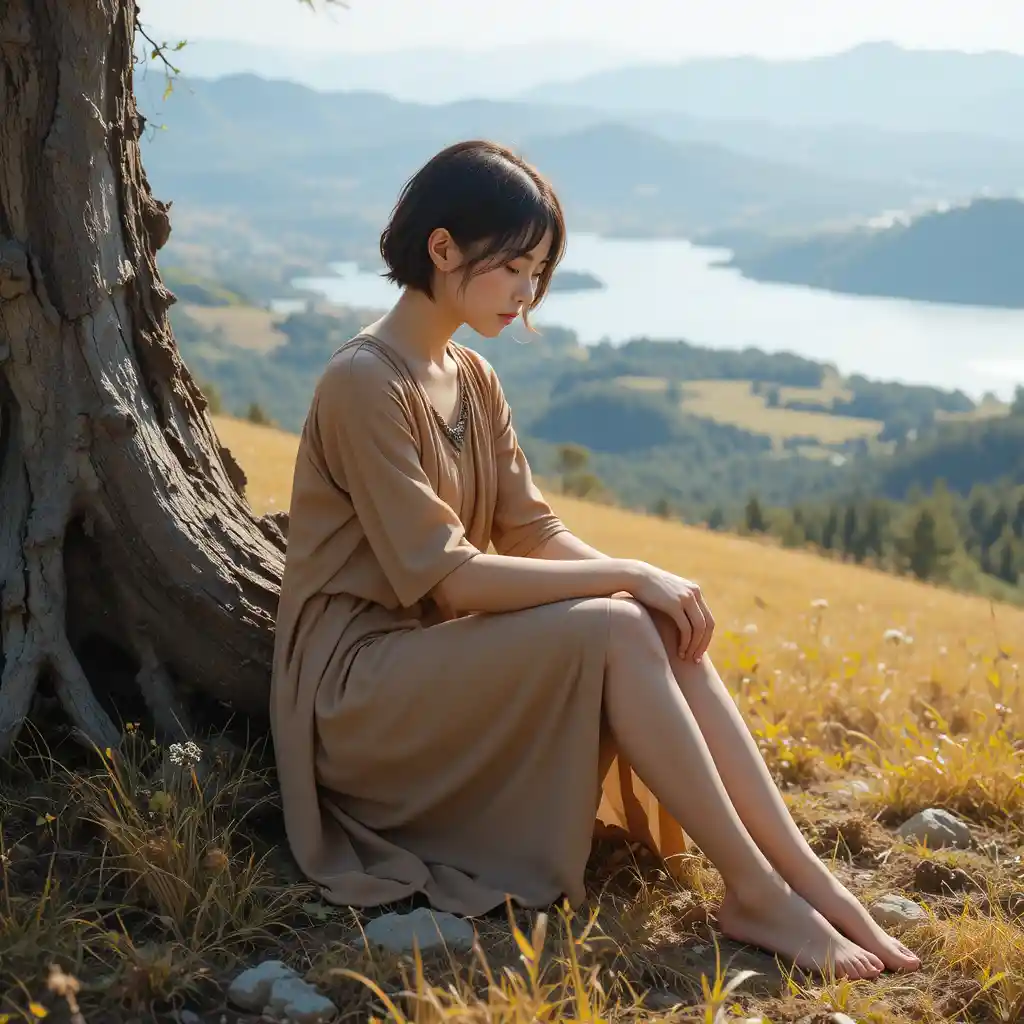 Young adult resting by a tree above golden hillside water