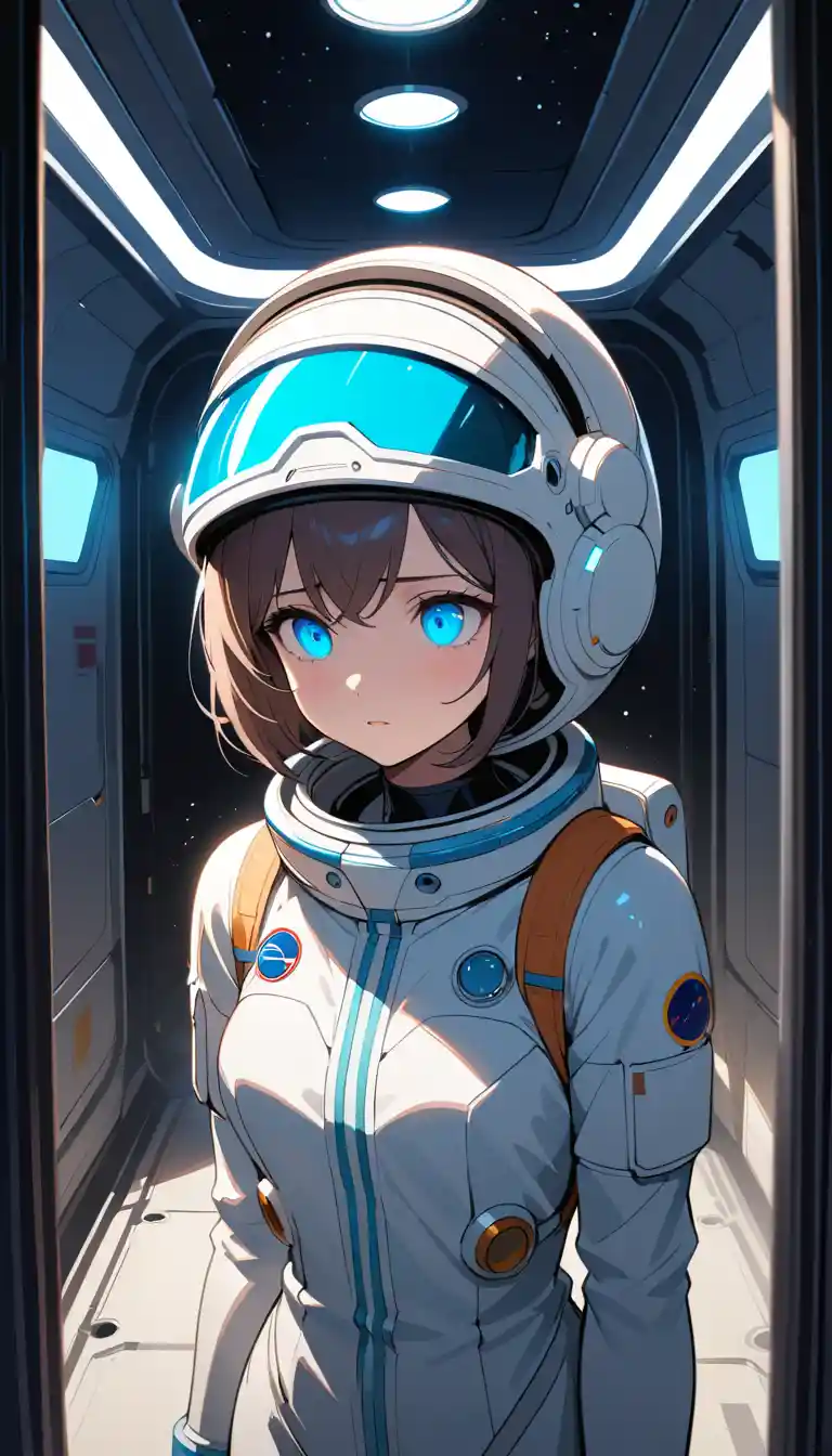 Astronauta femenina solitaria flotando en estación espacial abandonada