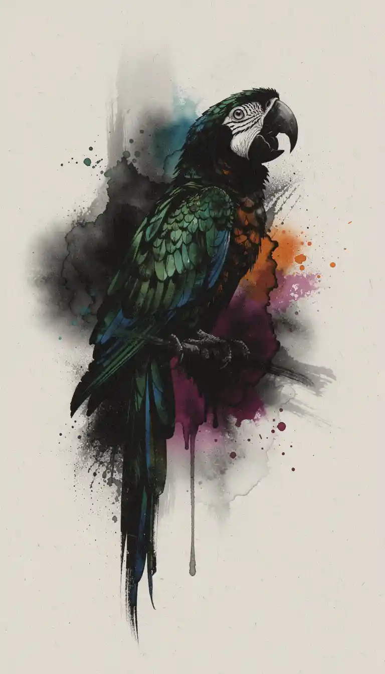 Abstract parrot close up in dramatic black ink colors