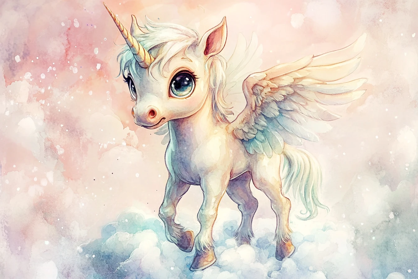 Baby pegasus standing on soft clouds in pastel sky
