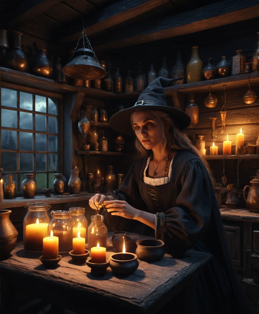 Bruja Preparando Pócimas en el Interior de una Cabaña Fantástica Iluminada por Velas