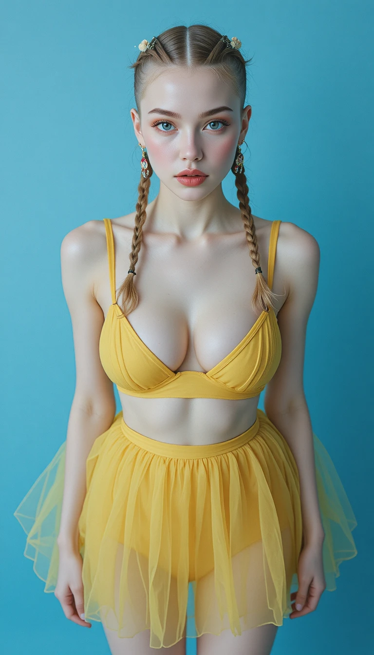 Girl in yellow dress seen from above on blue background