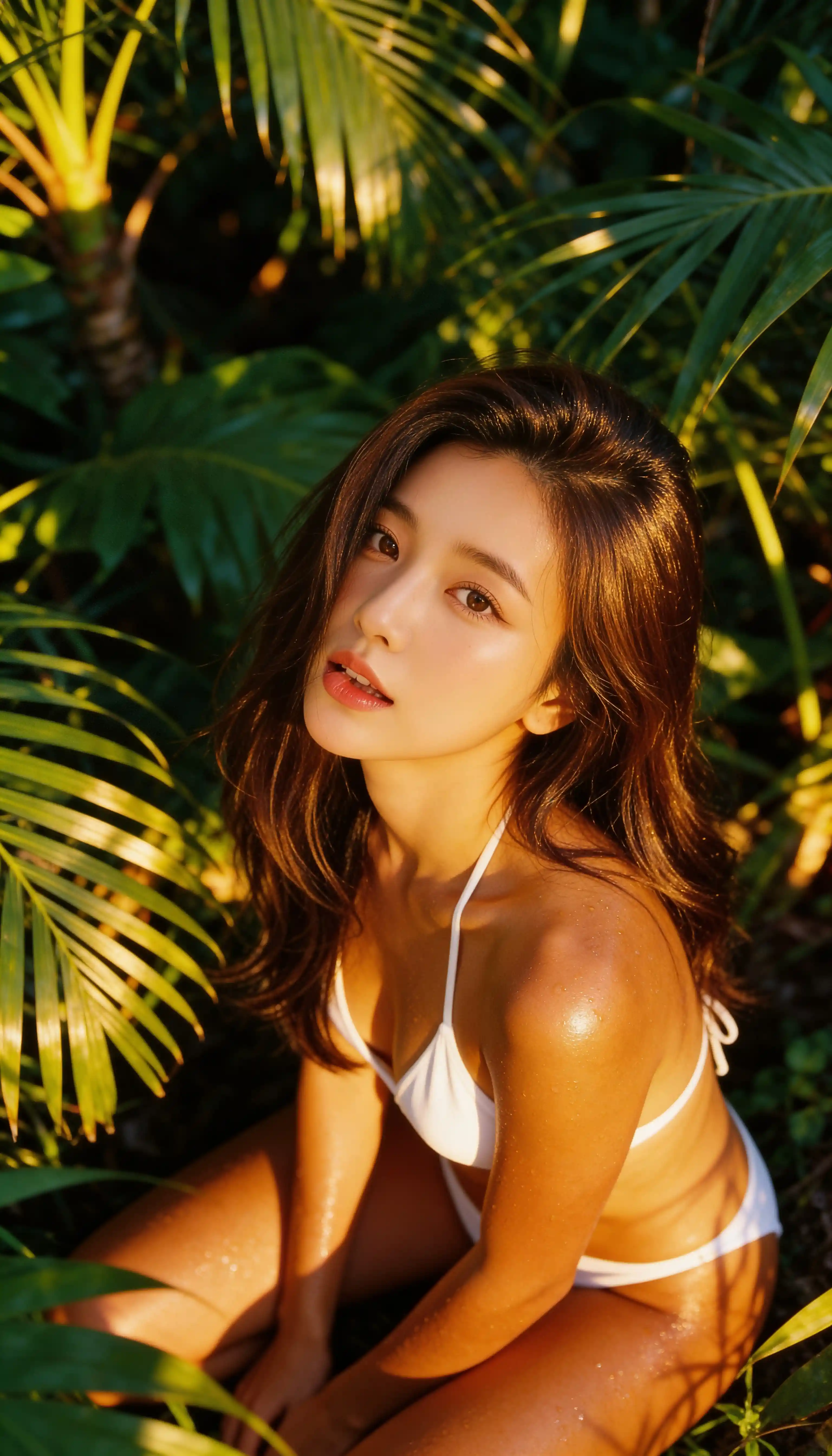 Sunlit woman in white bikini among lush tropical leaves