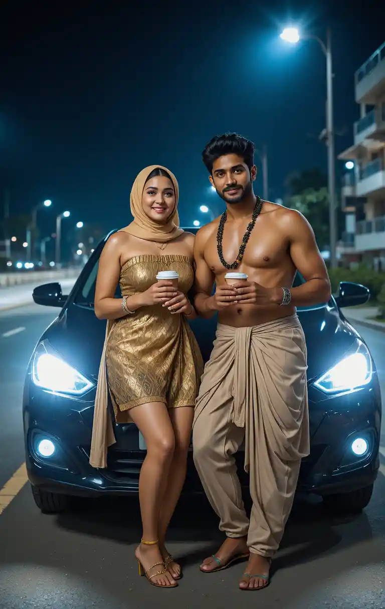 Mujer de mediana edad y joven junto a un coche de noche