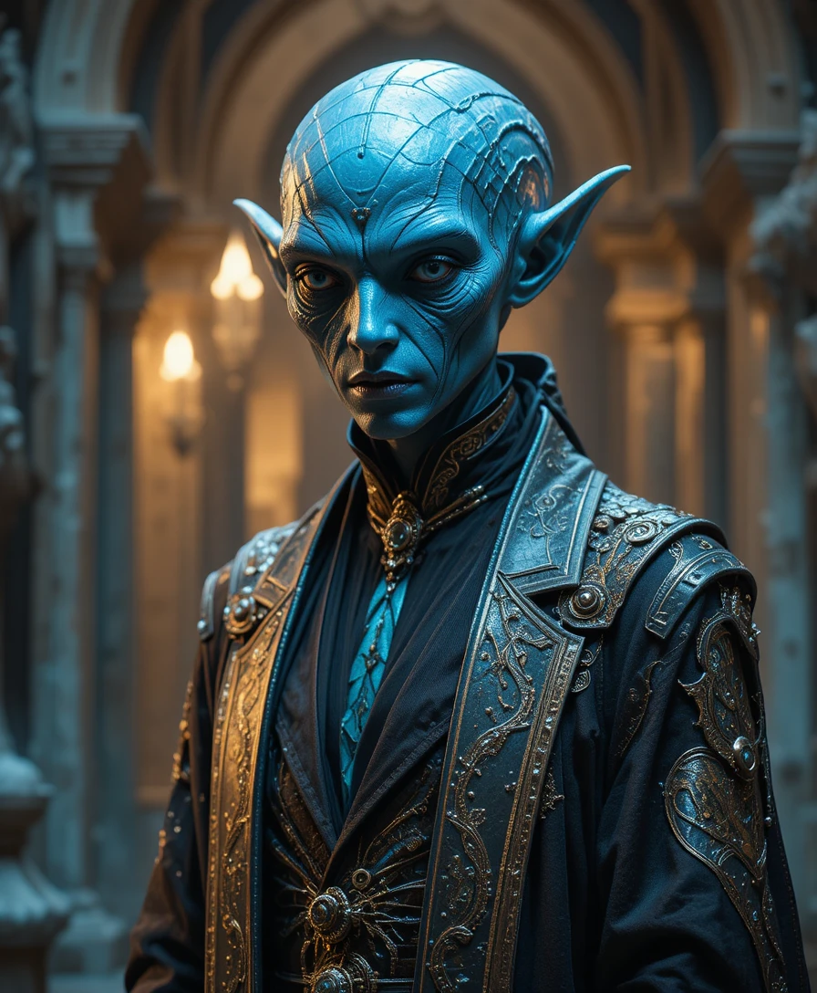 Regal alien diplomat in flowing robes with iridescent skin