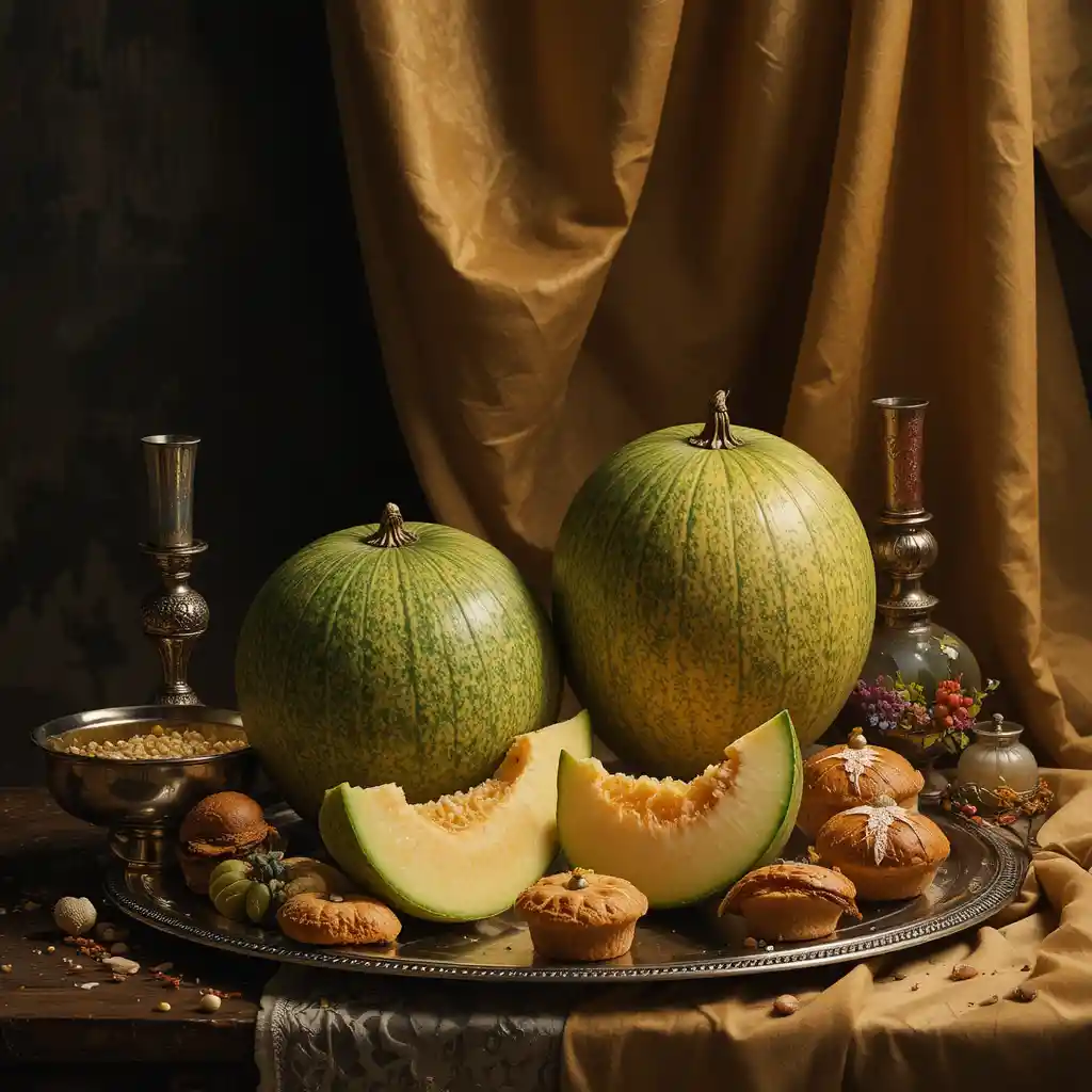 Tranches de melon sur un plateau en argent avec riche draperie dorée