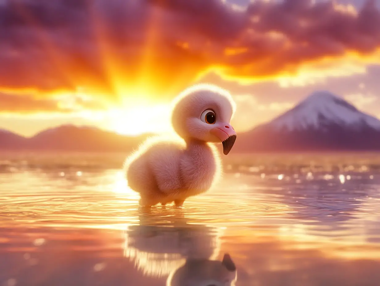 Baby flamingo in glowing sunset on calm mountain lake