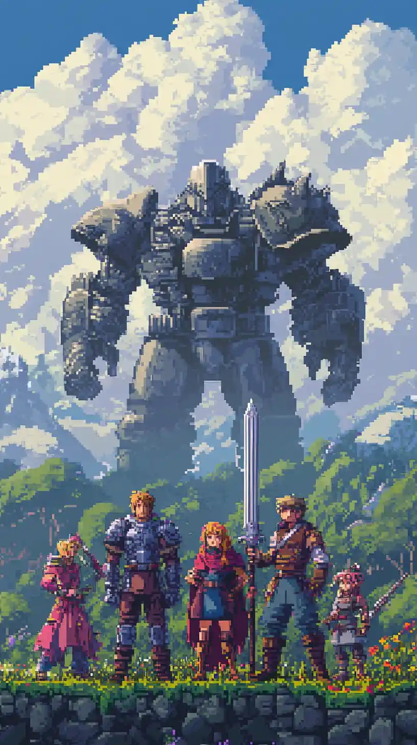 Fantasy party of three in a vibrant pixel art landscape
