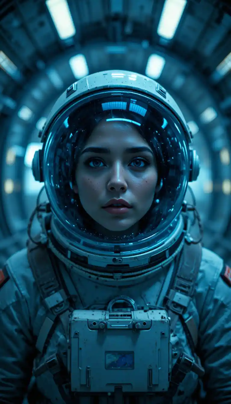Astronauta femenina solitaria a la deriva en una estación espacial abandonada