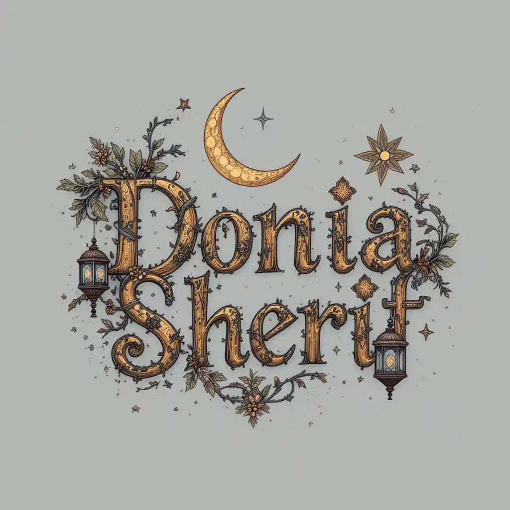 Tipografía decorativa de Ramadán con luna creciente y brillo de linterna