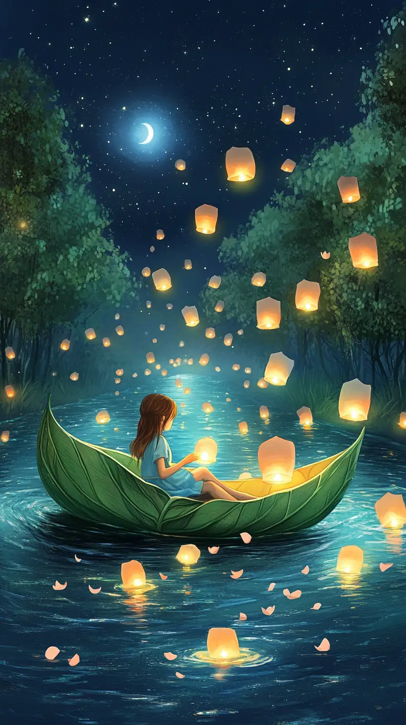Girl On Leaf Boat Releasing Lanterns On Glowing River