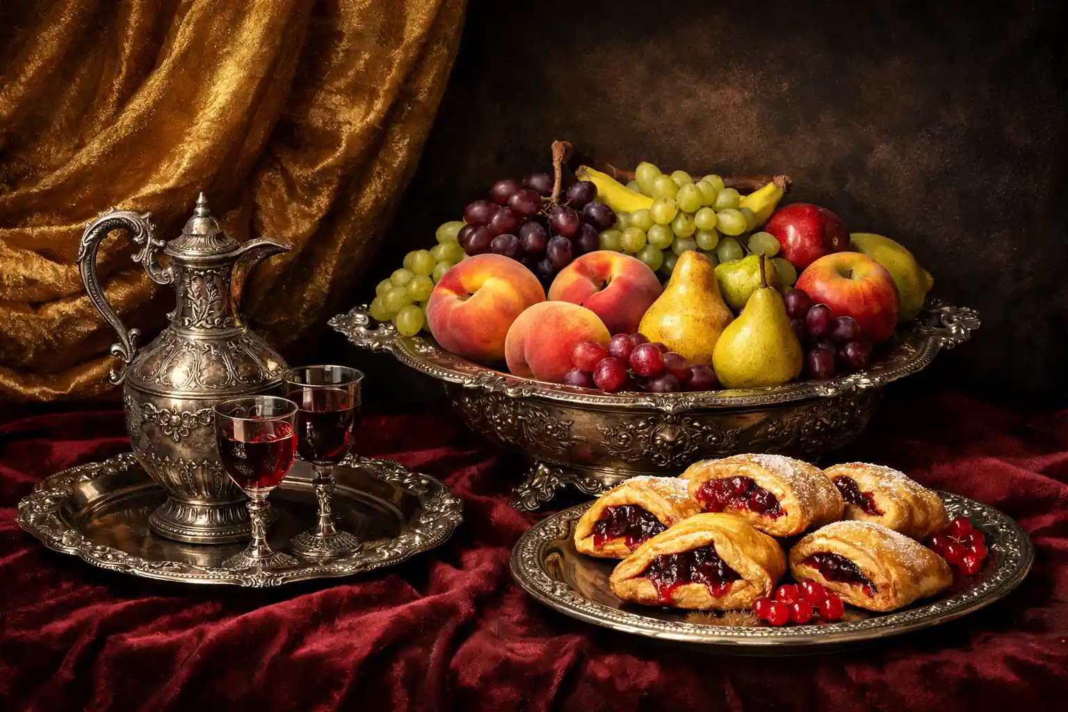 Opulent still life with silver platter fruit and pastries