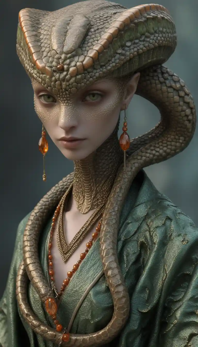 Serpentine fantasy woman bust with emerald eyes portrait