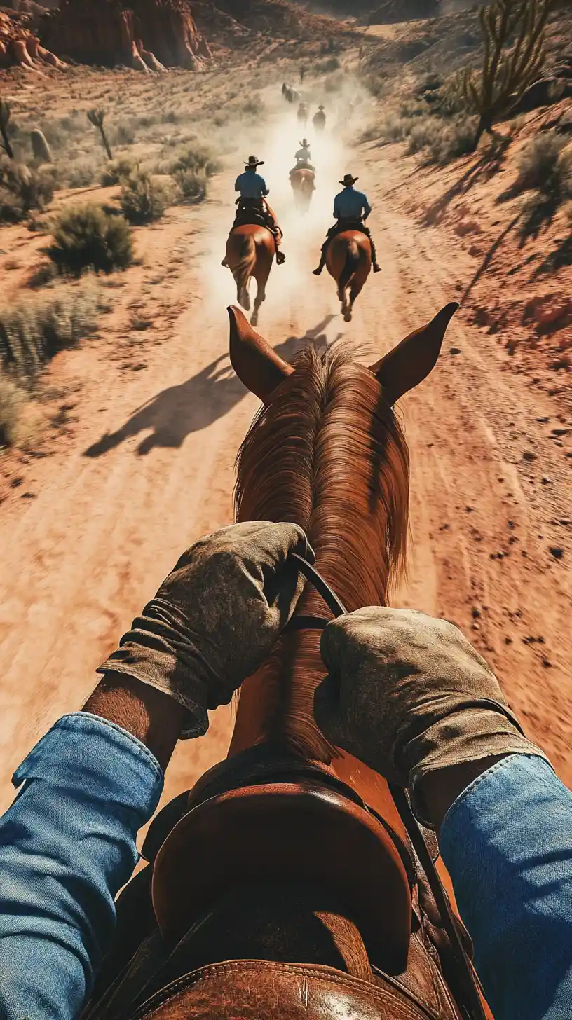 Reiter jagt auf galoppierendem Pferd durch Wildwest-Badlands