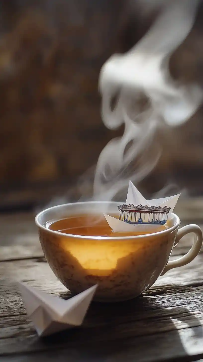 Steaming teacup with tiny paper boats on table