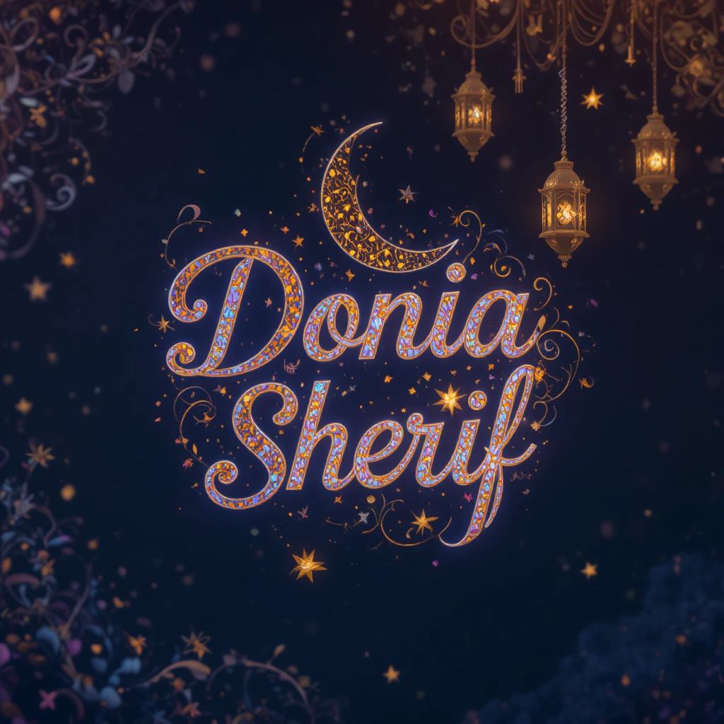 Decorative Donia Sherif typography with crescent and lantern