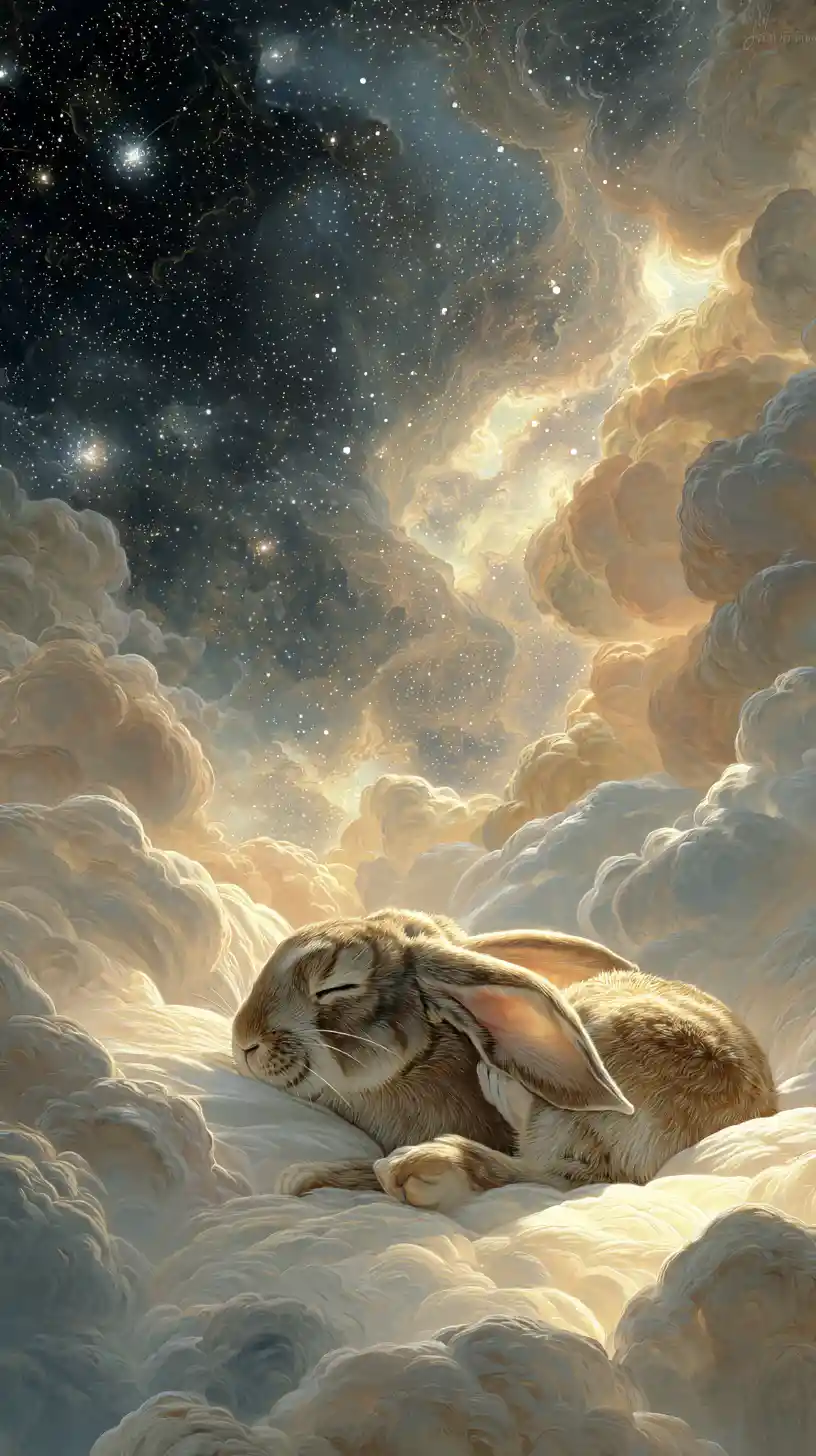 Celestial rabbit of starlight resting on a soft cloud