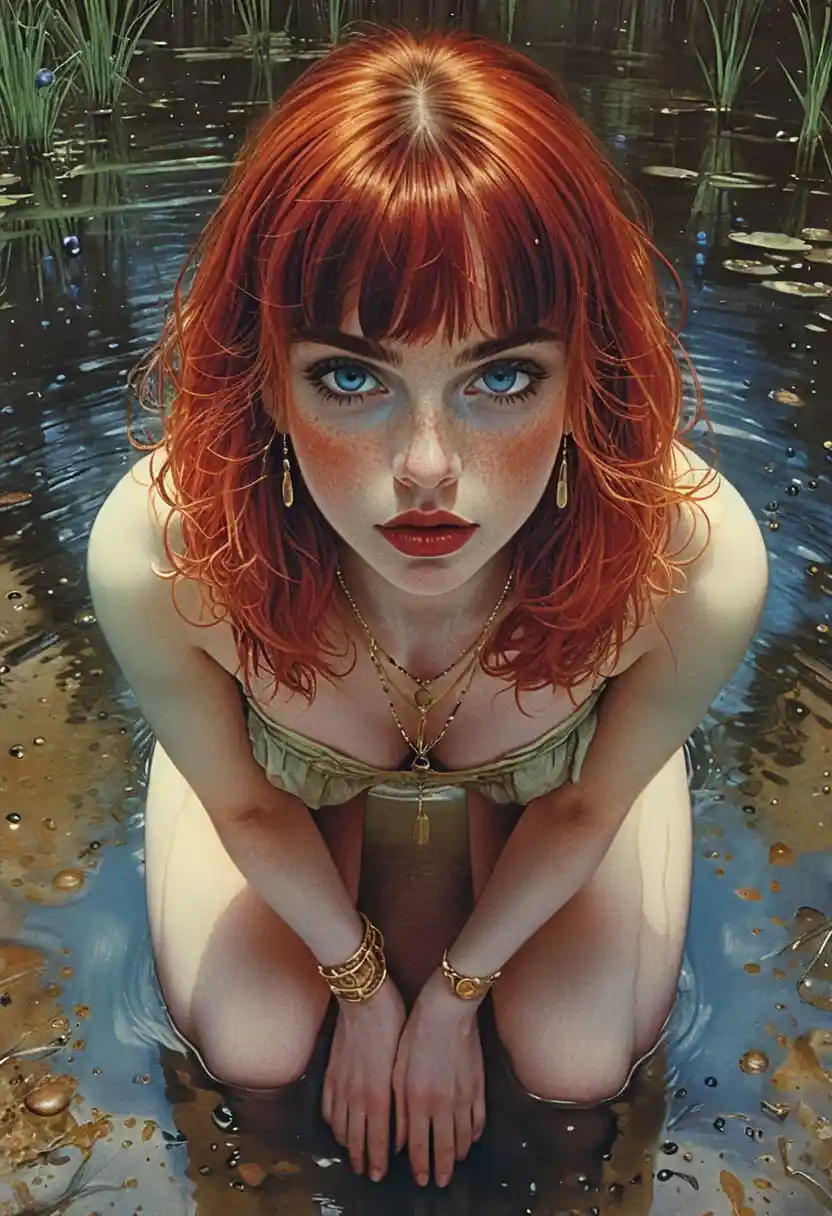 Mystical fantasy woman seen from above on sandy shore