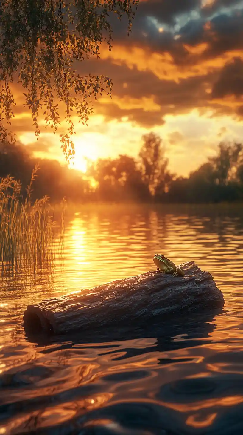 Toad On Floating Tree Trunk At Golden Lakeside Sunset