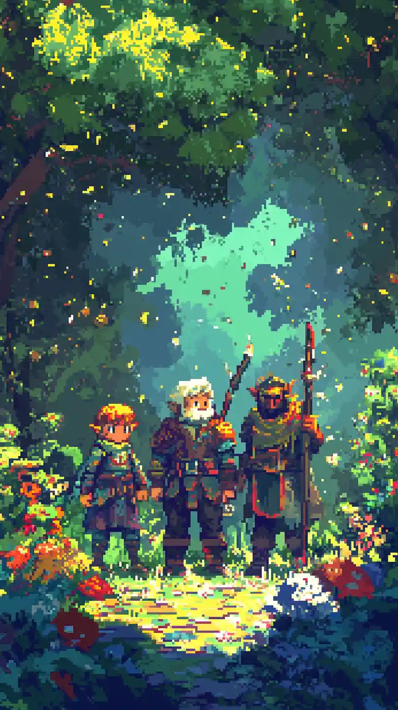 Fantasy-Abenteurer in einer lebendigen Retro-Pixel-Spielwelt