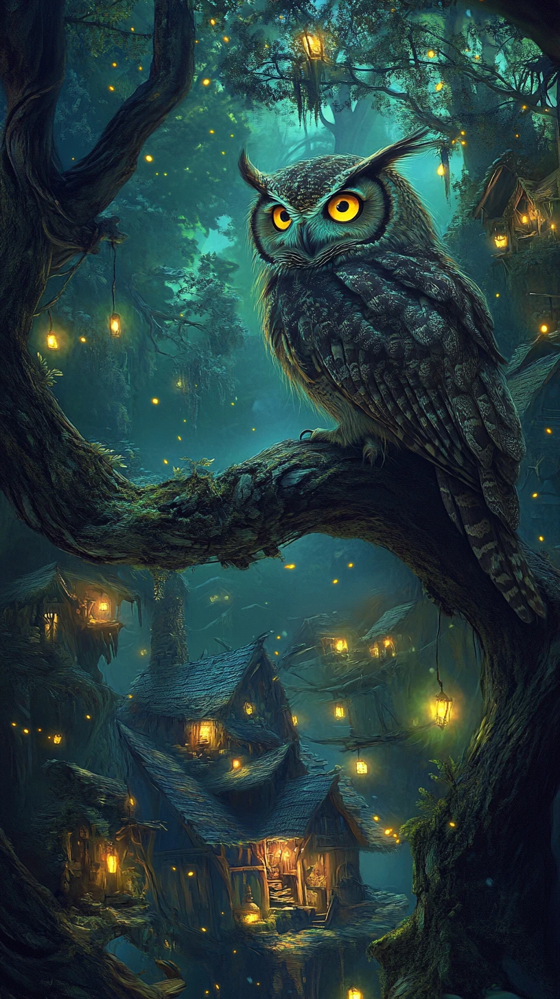 Lechuza sabia observando un pueblo brillante en un bosque místico