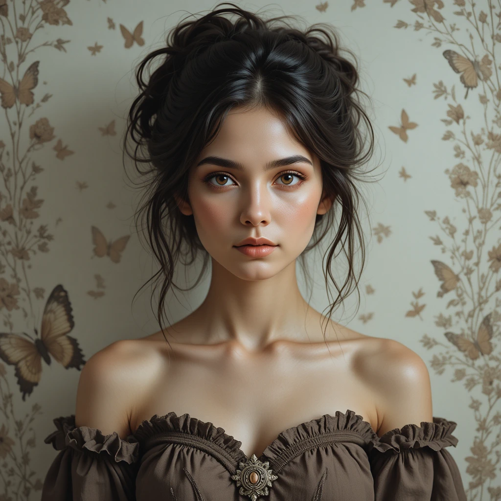 Young woman portrait with hazel eyes and floral background
