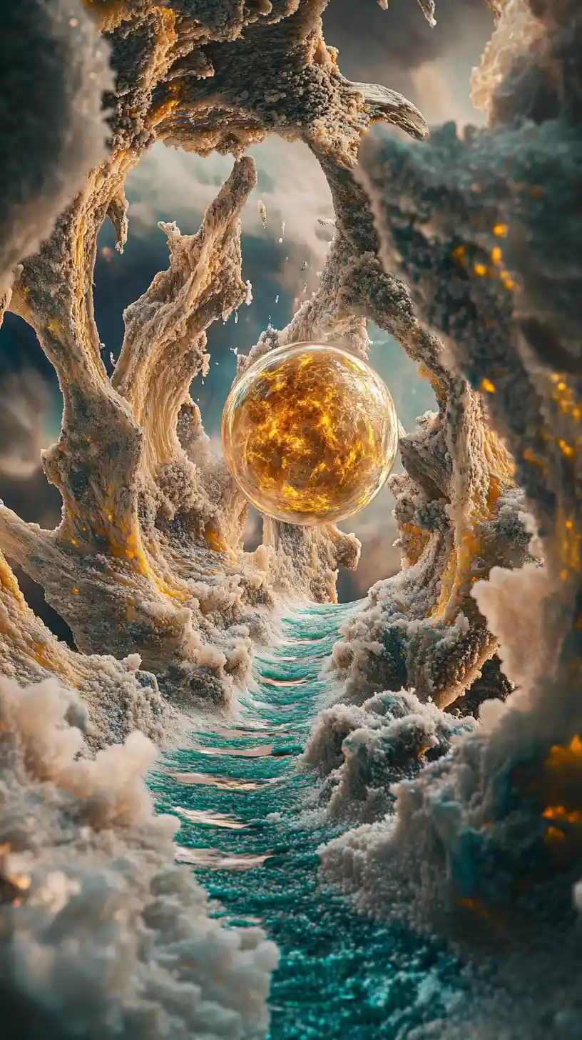 Surreal cosmic portal with floating sphere and golden key