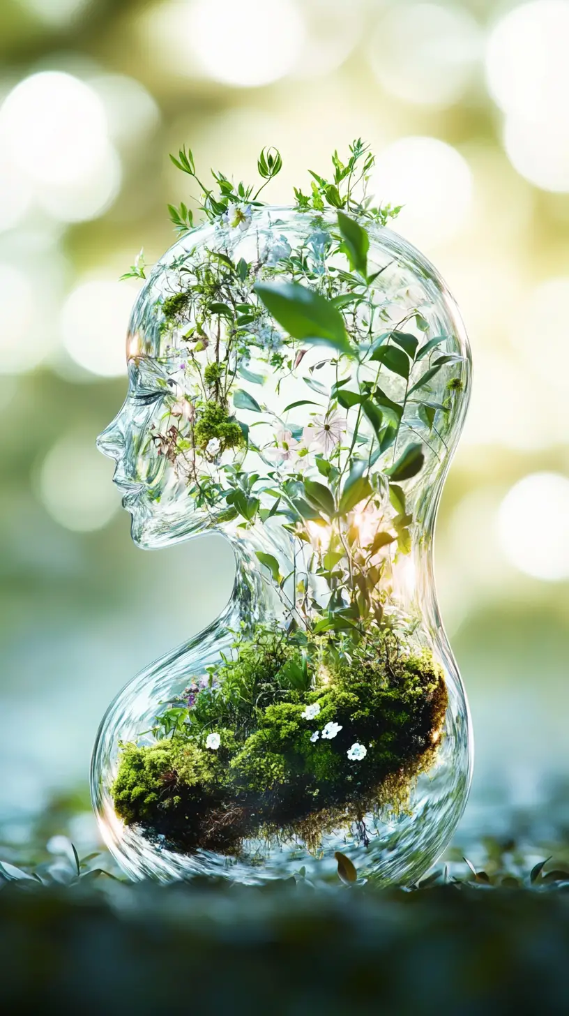 Surreal glass woman with inner plants and bokeh glow