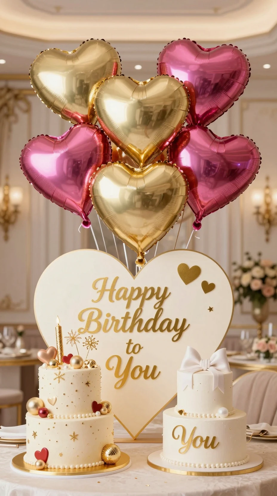 Palloncini a cuore e torta in una lussuosa scena di compleanno