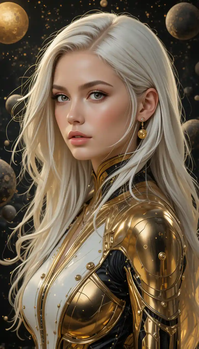 White haired woman in gold suit before a cosmic galaxy