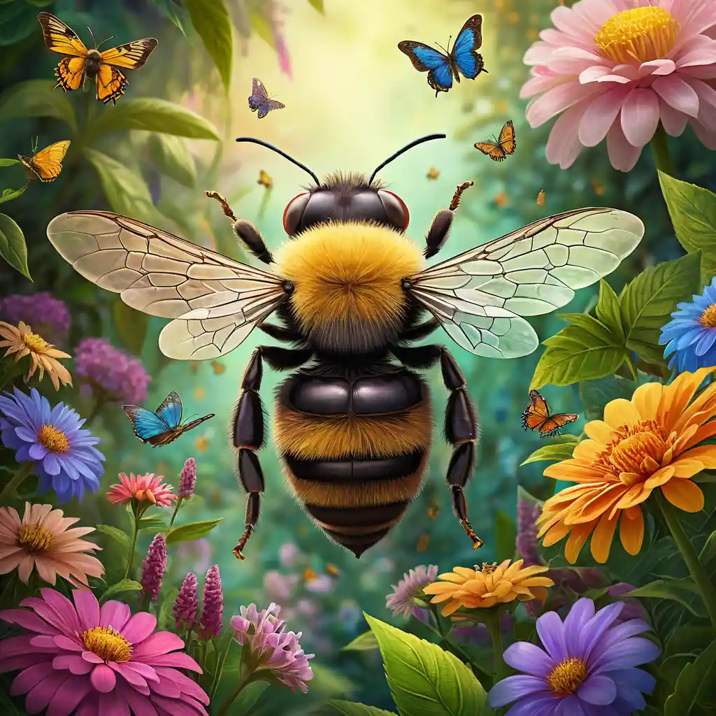 Close up bee in a lush fantasy garden scene