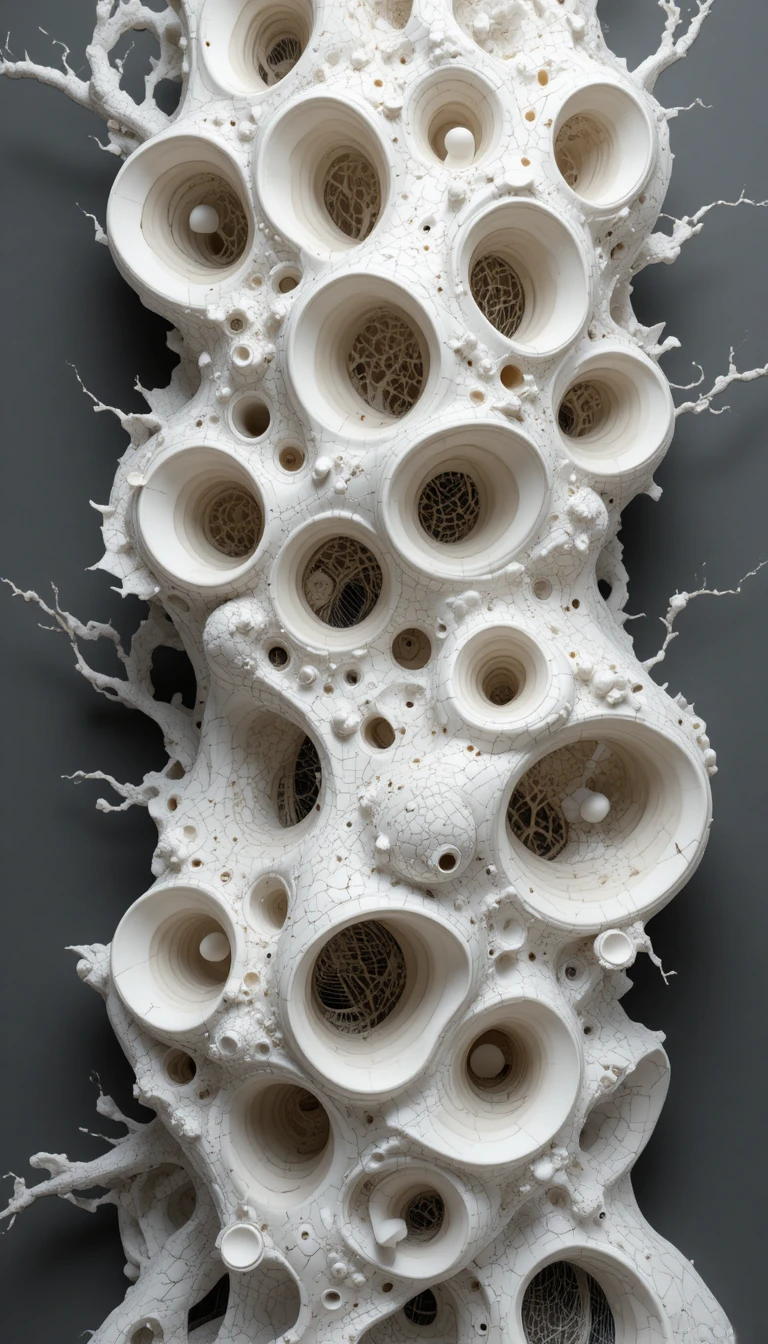 Organische zelluläre 3D-Skulptur mit porösen weißen Keramikformen