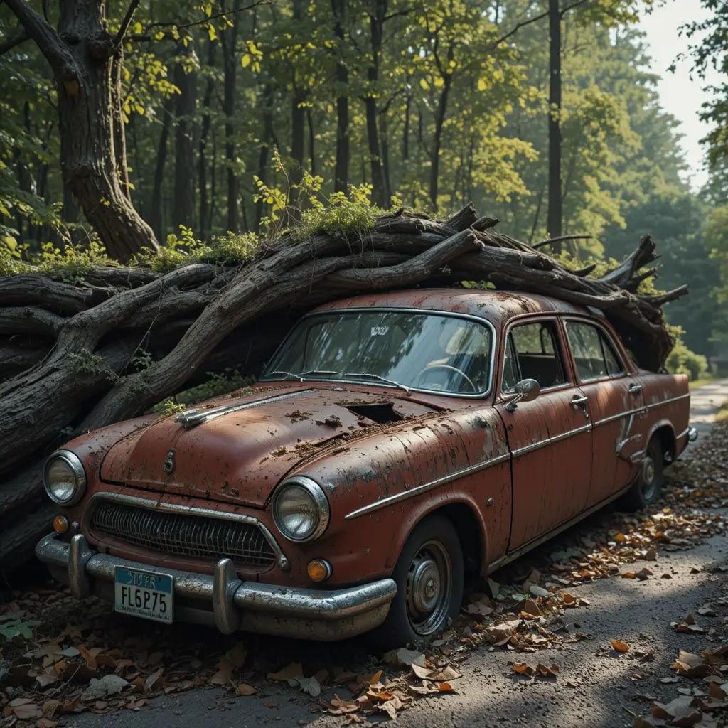 Vintage red compact car crushed by fallen tree trunk